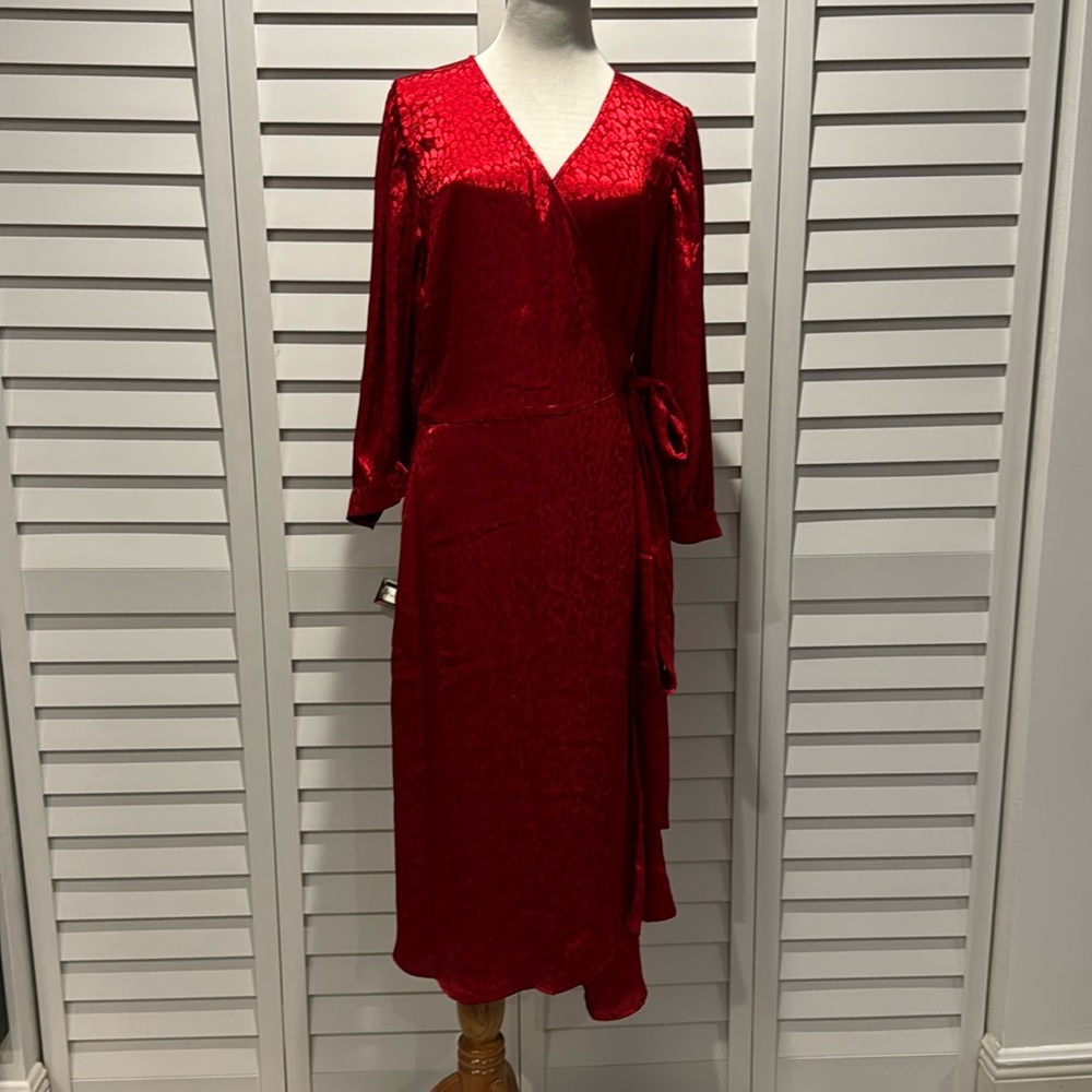 MICHAEL Michael Kors NWT Subtle Cheetah Print Wrapped V-Neck Midi Red Dress - Picture 5 of 13